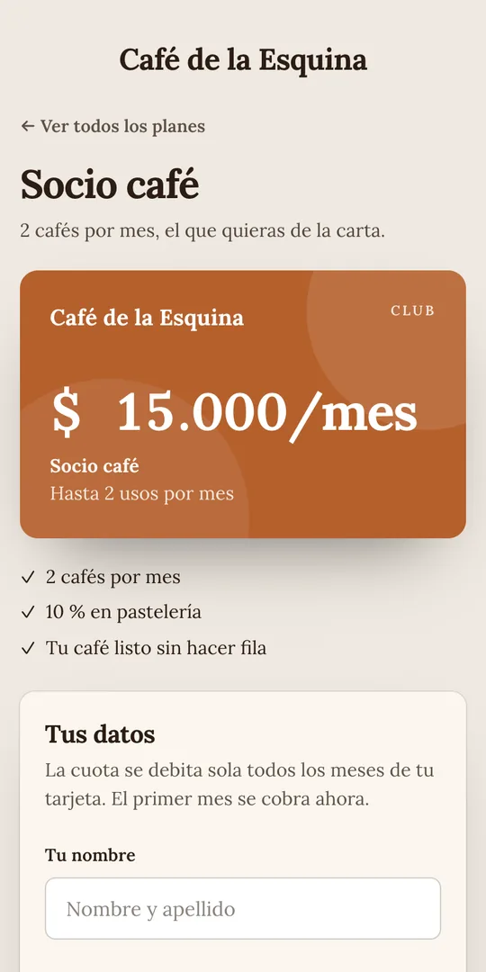 La página del club de un café de ejemplo en el celular: el plan Socio café, 2 cafés por mes por $15.000 por mes